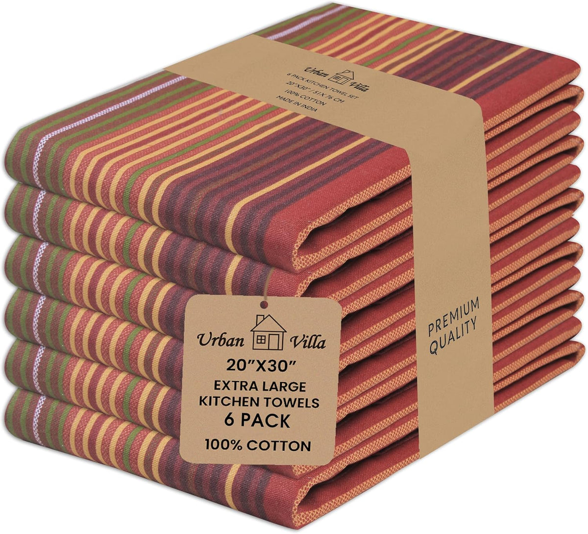 Urban Villa Fall Print Stripes Kitchen Towels Premium Quality 100% Cotton Harvest Dish Towels Mitered Corners Ultra Soft (Size: 20X30 Inch) Thanks Giving Highly Absorbent Tea Towels - (Set of 6)