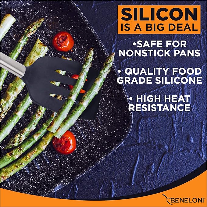 PREMIUM Silicone Kitchen Serving Utensil Set - Stainless Steel Metal and Black Utensils Including Tongs Spoons Spatula Ladle Whisk and Frosting Spatula Professional Nonstick Safe Modern Cooking Tools