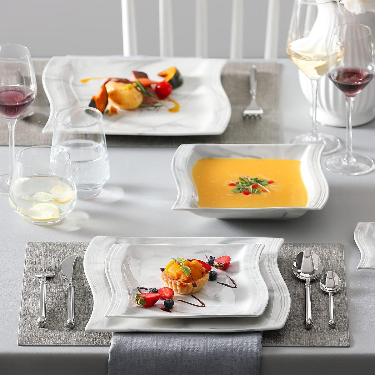 MALACASA Plates and Bowls Sets, 30 Piece Porcelain Dinnerware Sets for 6, Square Dinnerware Set with Dinner Plate, Dessert Plate, Soup Plate, Cup and Saucer, Modern Dish Set, Marble Grey, Series Flora