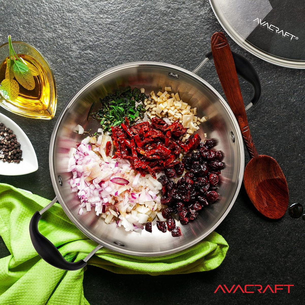 AVACRAFT 18/10 Stainless Steel Everyday Pan, Stir Fry Pan with Five-Ply Base, Chef’s Pan with Glass Lid, Multipurpose Stewpot Skillet, Saute Pan, Casserole in Pots and Pans (8 inch)