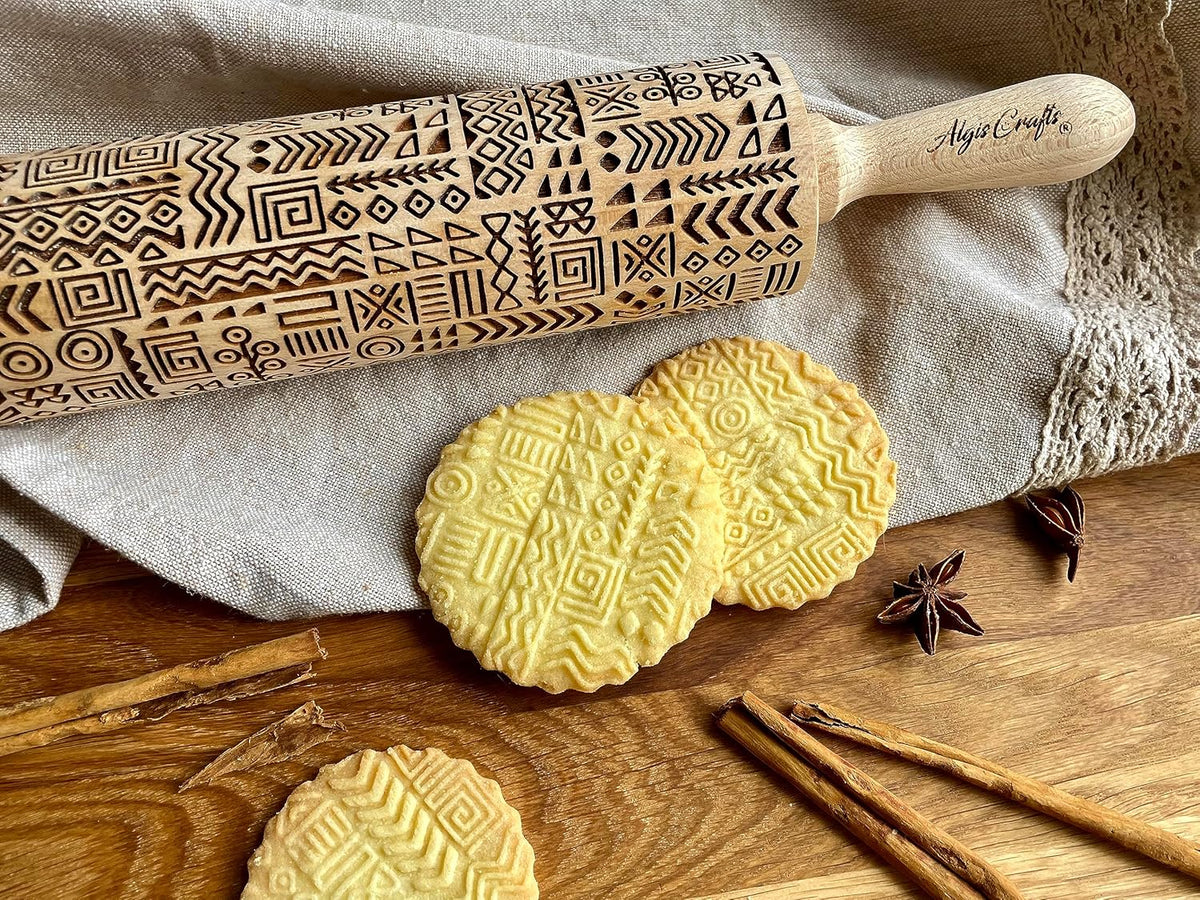 TRIBAL Embossing Rolling Pin. Laser Engraved Dough Roller for Embossed Cookies or Pottery by Algis Crafts