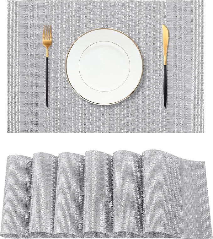 Leetaltree Lunar Grey Placemats Set of 6 - Heat Resistant Non-Slip Place mats for Dining Table, Washable Durable PVC Vinyl Woven Table Mats（Lunar Grey, 6）